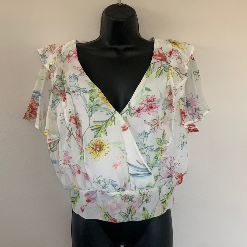 Code Mode White Watercolor Floral Print Ruffle Sleeve Criss Cross Back Shirt